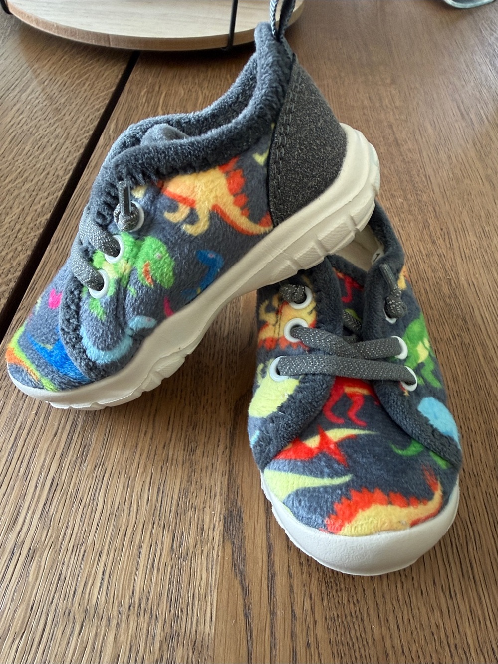 Kids Gray Plush Slip-On Sneakers with Colorful Dinosaur Print